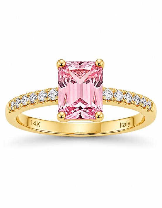 14K/Italy 2.0ct Pink Emerald Cut Yellow Gold Bonded Ring(stamped) 7US
