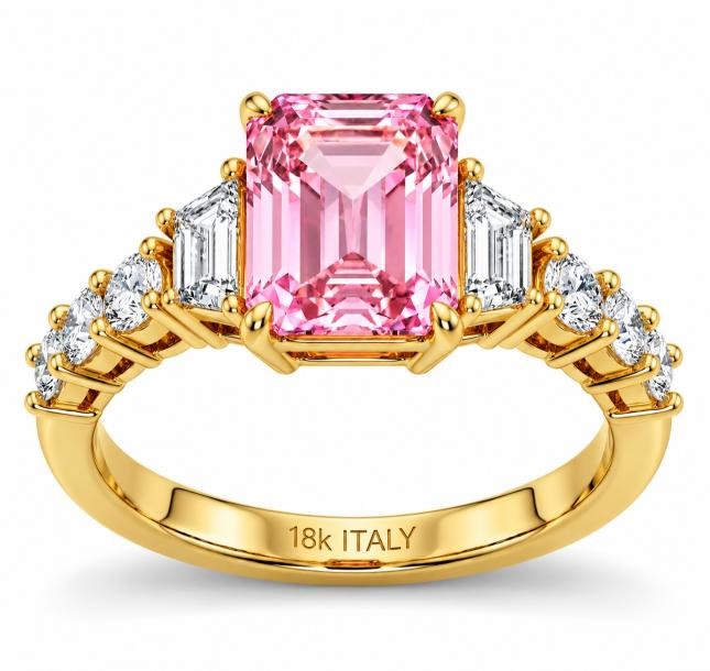18K/Italy 3.0ctw Pink Emerald Cut Yellow Gold Bonded Ring(stamped) 8US