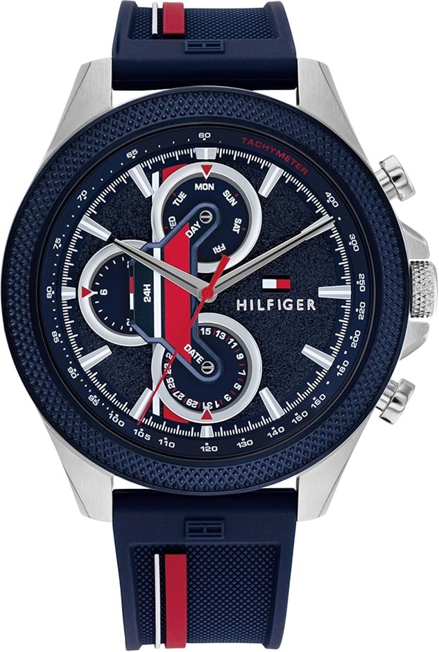 TOMMY HILFIGER Men's Clark Silicone Dial Multi-Function Watch, Navy, 46mm,