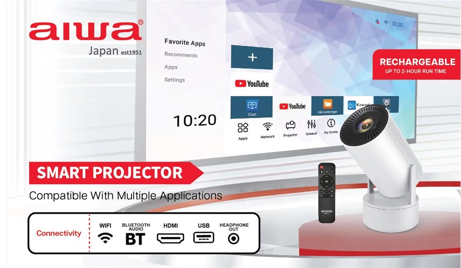 AIWA Portable Smart LED Projector with Battery Base, 130” Display, Bluetoot