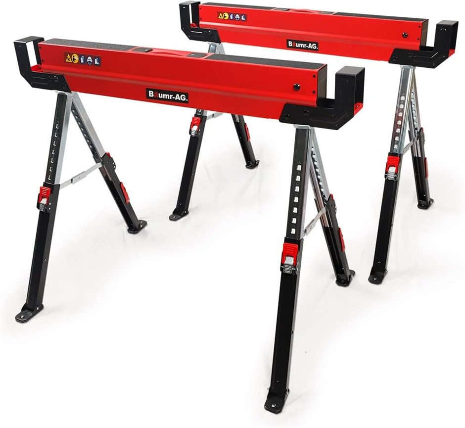 BAUMR-AG 2pc Steel Sawhorses, Height Adjustable, 1180kg Capacity, 2x4 Suppo