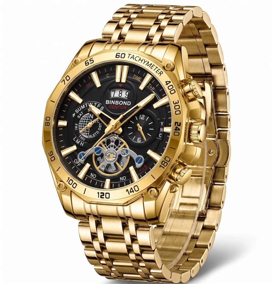 Jewelz Merchants Gold & Black Skeleton Waterproof Watch