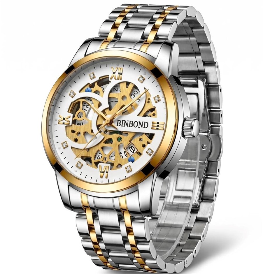 Jewelz Merchants Men’s Luxury Two-Tone Gold & Silver White Skeleton-Style