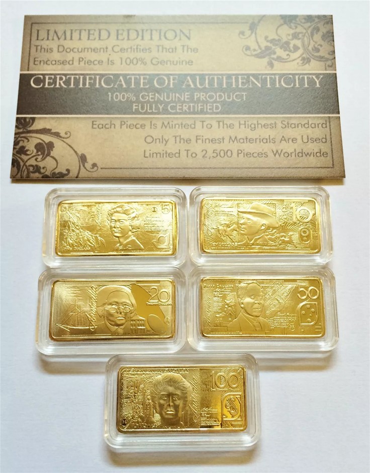 Certified Set of 5 x 5 gram "Polymer Note Series" Finished in 999 24 k Gold