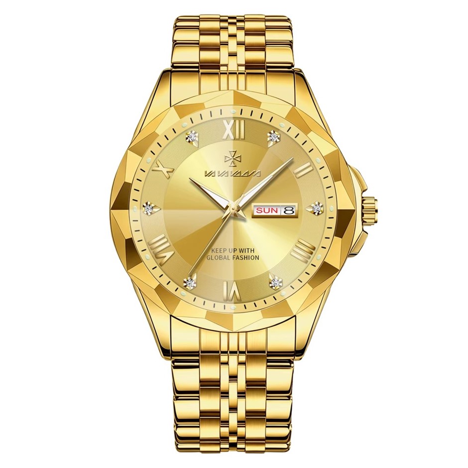 High Quality Simulated Diamond Men's Quartz Watch, Gold