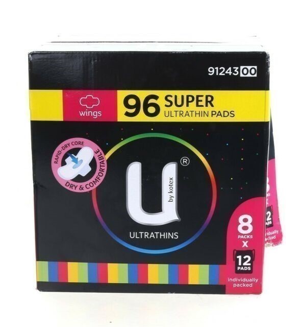 U BY KOTEX Box of 96pk Super Ultra Thin Pads w/ Wings. N.B. Damaged packagi