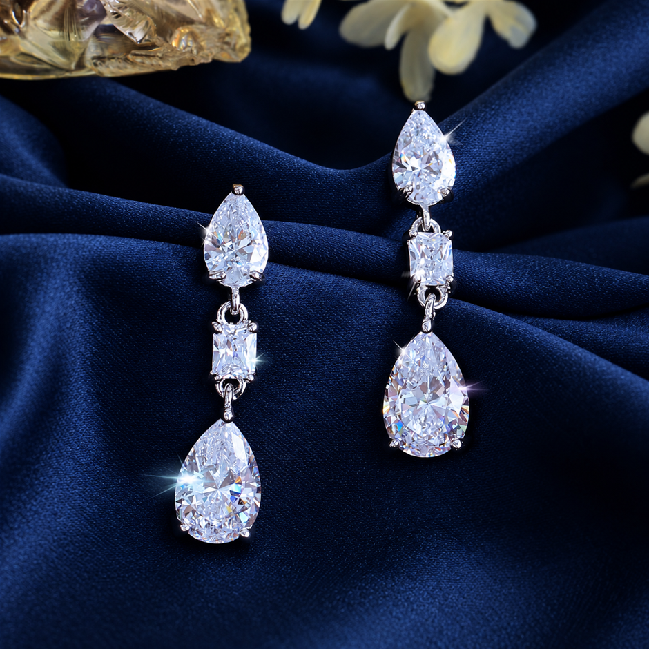 Rhodium Plated Pear-Cut AAA+ Cubic Zirconia Drop Earrings