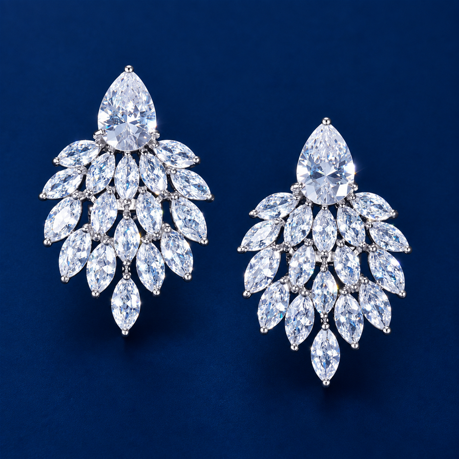 Rhodium Plated AAA+ Cubic Zirconia Feather Drop Earrings