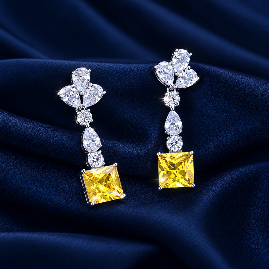 Yellow Princess-Cut AAA+ Cubic Zirconia Leaf Drop Earrings