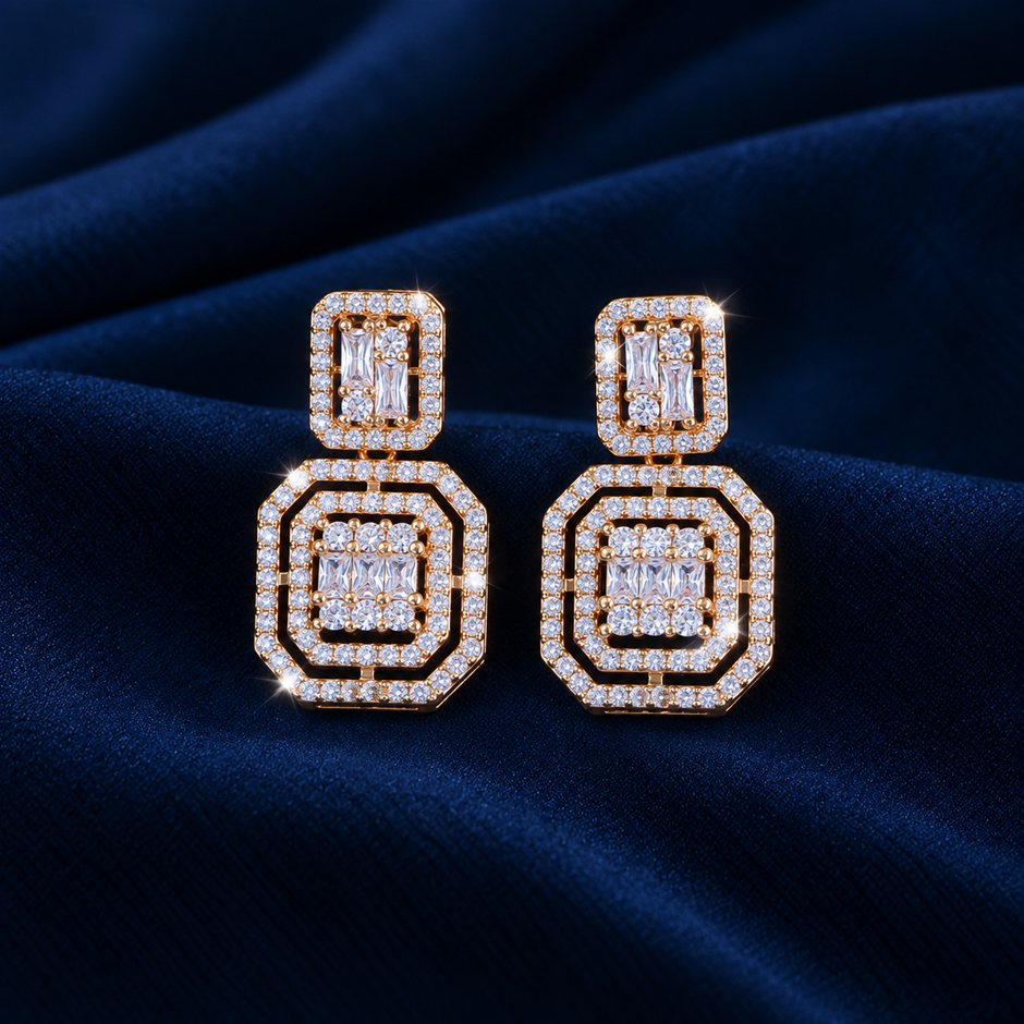 Gold Plated AAA+ Cubic Zirconia Square Drop Earrings