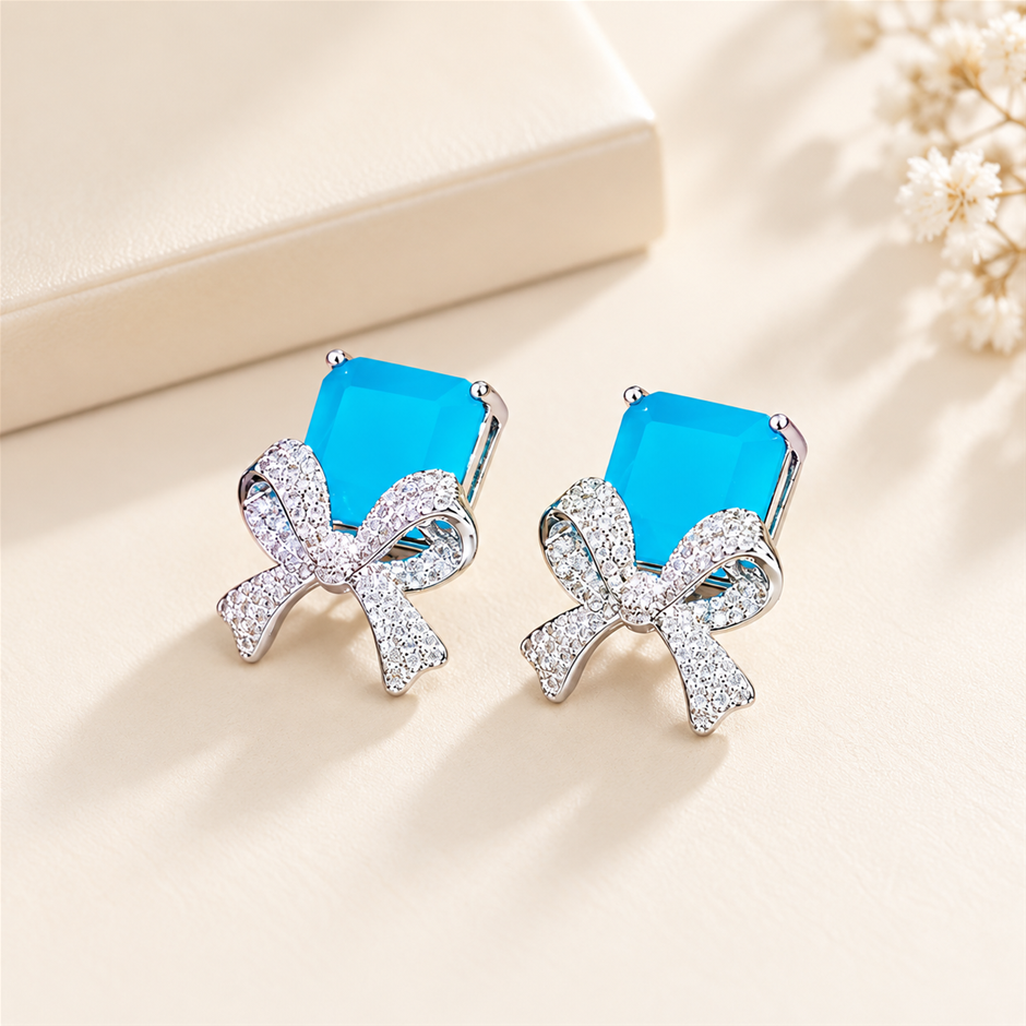 Silver Plated Princess-Cut AAA+ Cubic Zirconia Bow Earrings