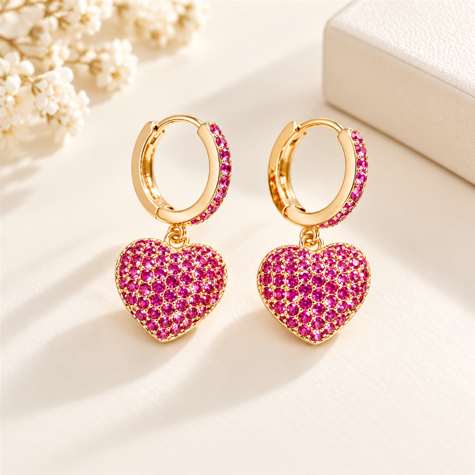 18K Gold Plated Red AAA+ Cubic Zirconia Heart Earrings