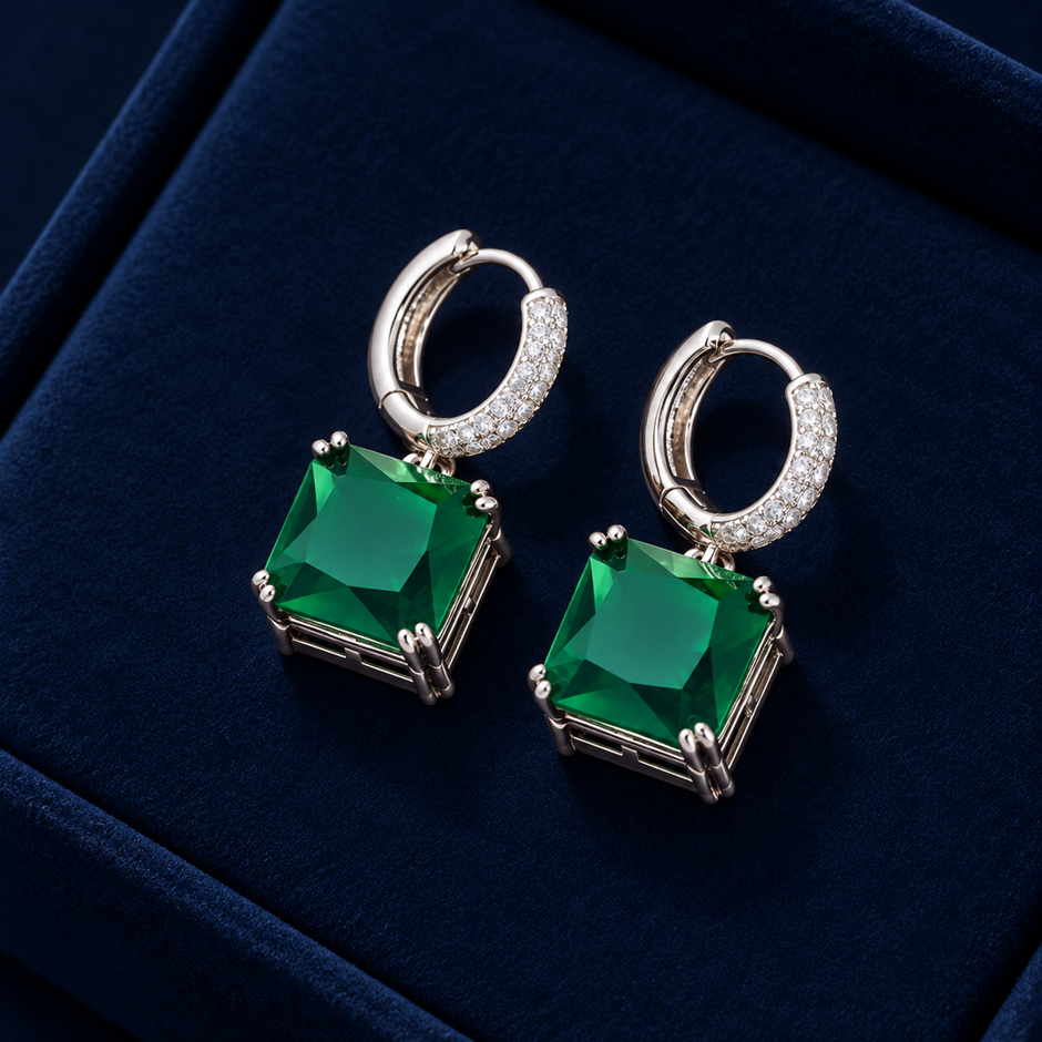Green Princess-Cut AAA+ Cubic Zirconia Drop Earrings