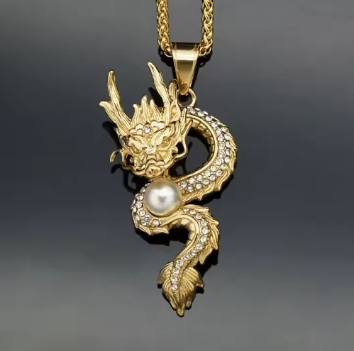 Jewelz Merchants Gold Tone Dragon & Pearl Pendant + FREE Chain