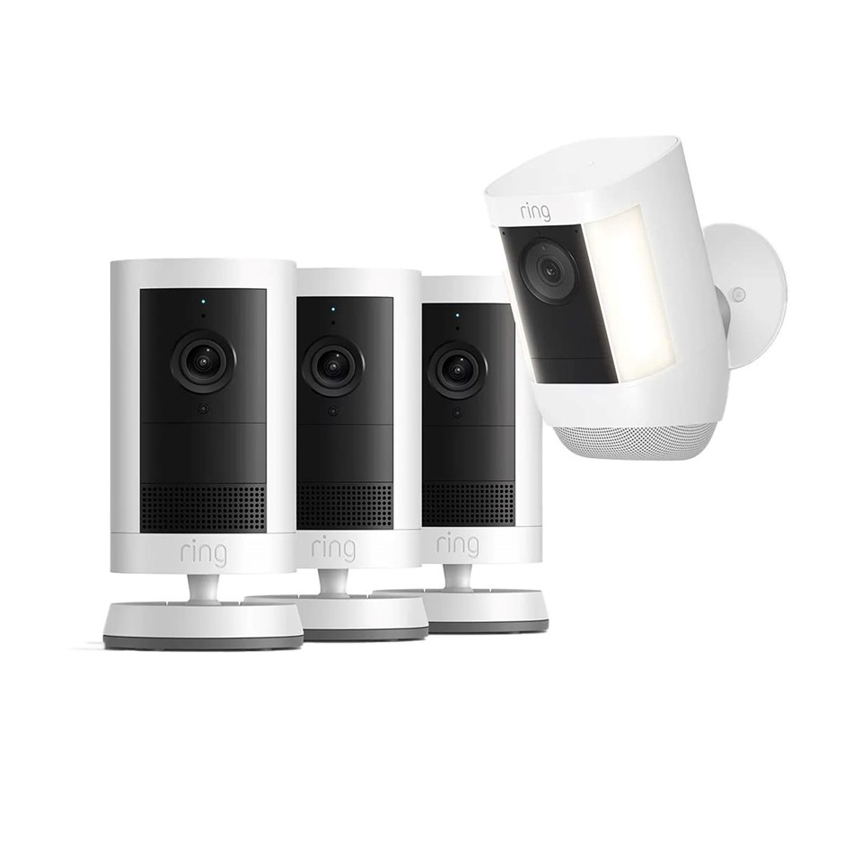 RING Outdoor Camera Plus 2K 3 Pack + Spotlight Cam Pro 2K Battery White.  B