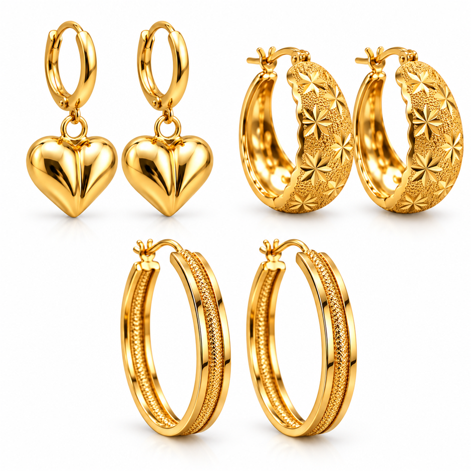 Jewelz Merchants Black Friday Special – 3 Pairs Gold-Plated Hoop Earrings