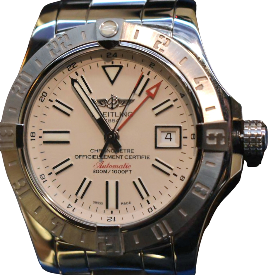 BREITLING AVENGER II GMT AUTO 43MM STAINLESS STEEL STRATUS SILVER BXP COA