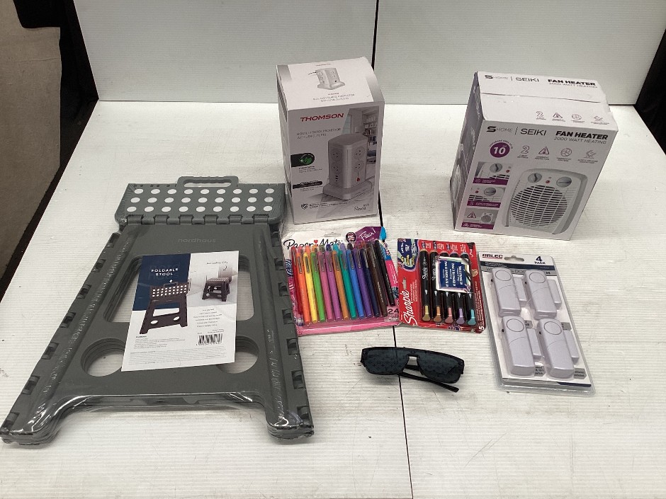 Arlec AMI29 Window & Door Alarm 4-Pack,Foldable stool,Seiki fan heater, Thomson surge protector, Louis Vuitton sunglasses