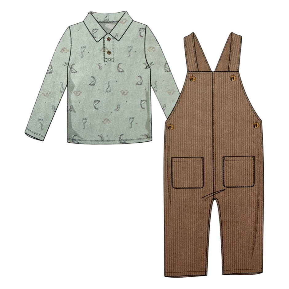 PEKKLE Kids' 2pc Cord Overalls Set, Size 2, Brown/Dino.
