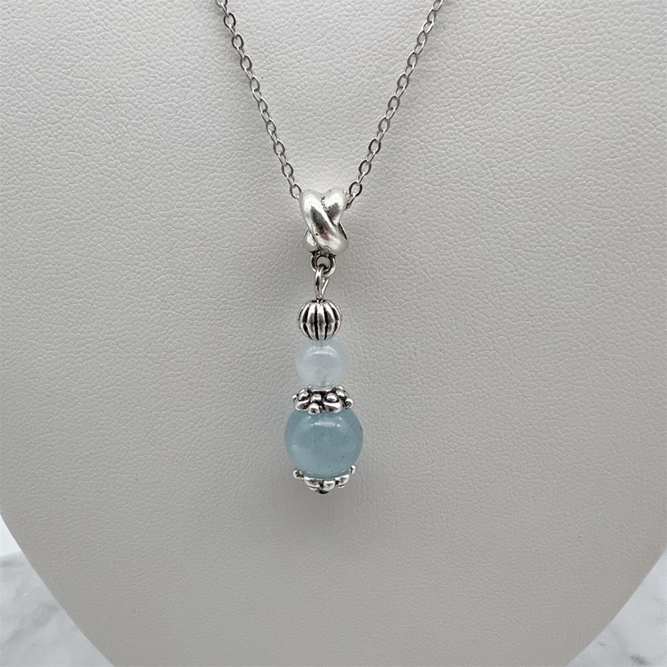 Aquamarine Antique Style Silver & Platinum Plated Pendant Necklace