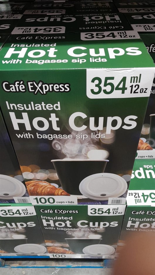 CAFE EXPRESS 100pk Insulated Hot Cups w/ Bagasse Sip Lids. NB: Not in origi