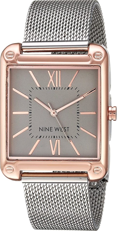 NINE WEST Women's 29mm Analog Quartz Watch, Rose Gold-tone Dial, Mesh Stain