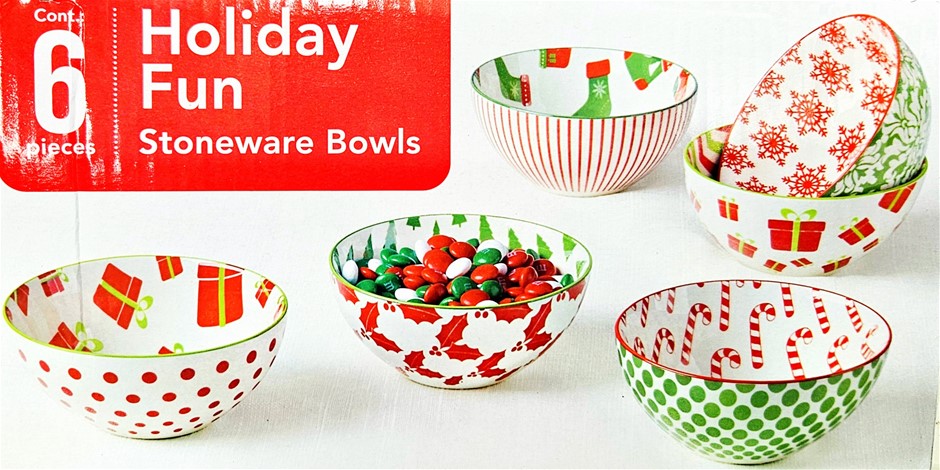 SIGNATURE HOUSEWARES Box of 6pc Holiday Fun Stonerware Bowls, 4.75 Inch. N.