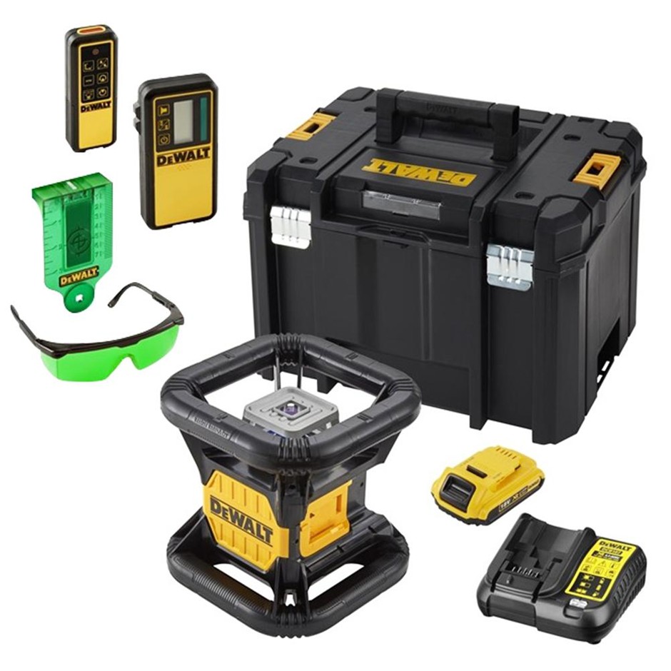 DeWALT 18V Green Rotary Laser Level Kit. NB: Missing 1 x Detector & 1 x Rem