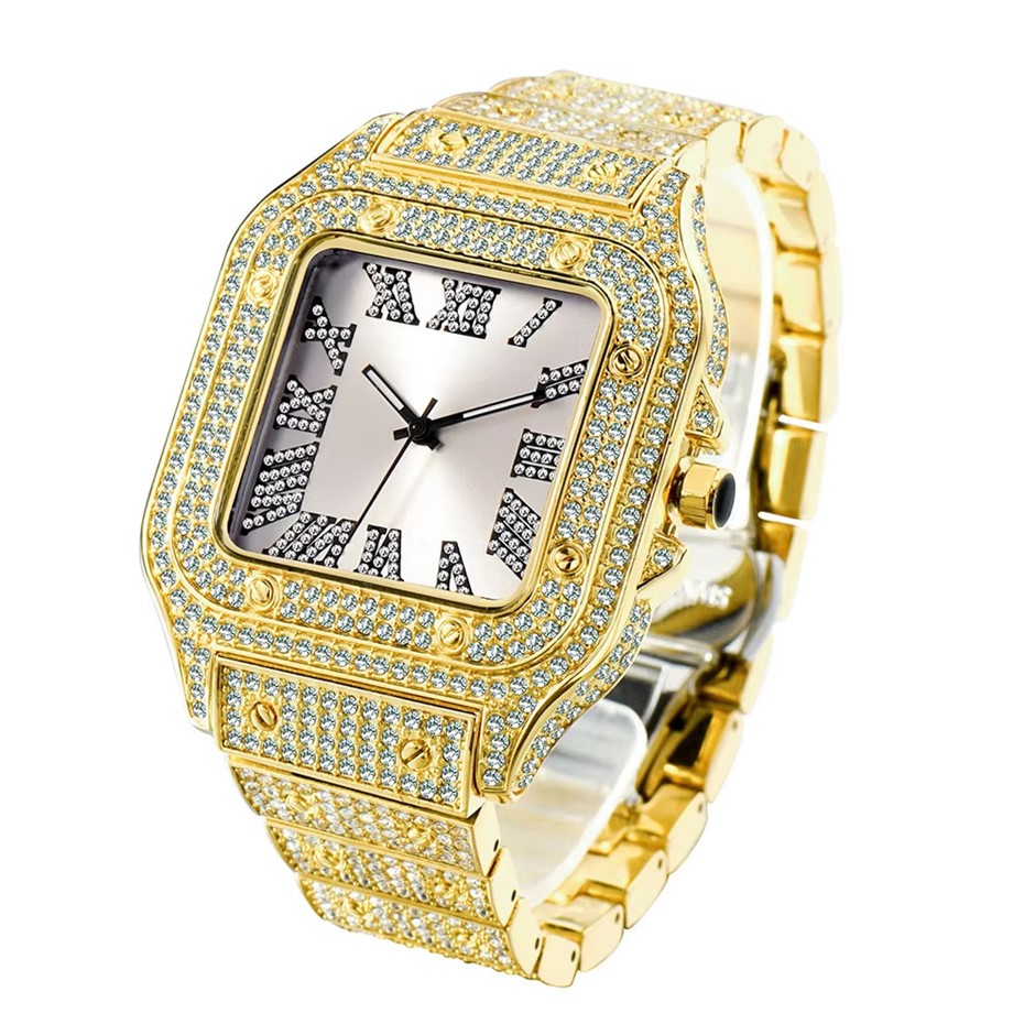 18K Gold Plated, White Face Iced Out Diamond Quartz Wrist Watch