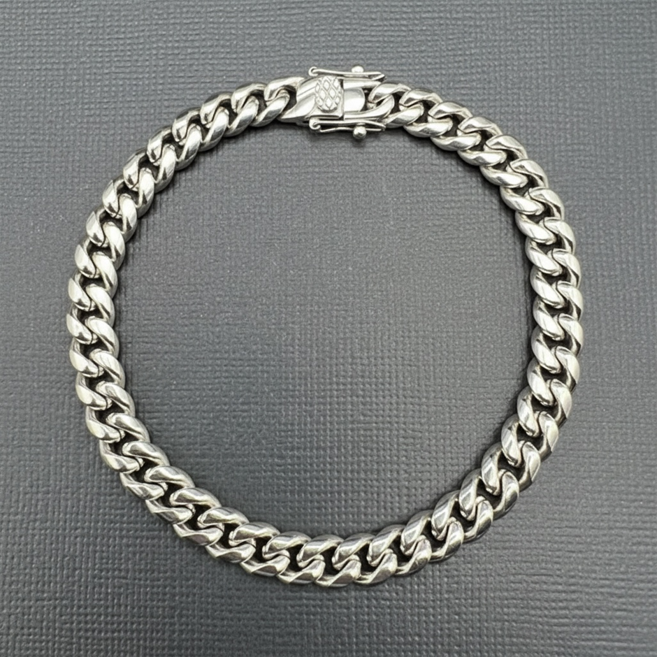 Silver-Filled Cuban Bracelet with Simulated Diamond Clasp, 8MM - 17.8cm