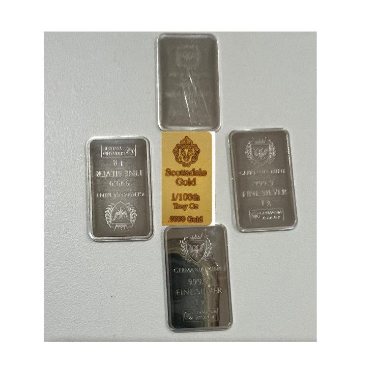 1/100oz Scottsdale Mint Gold Bar & 1 gram germania bar x 4
