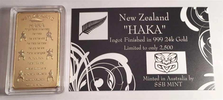 NEW ZEALAND "HAKA" 1 Oz Ingot 999 24K Gold Plated. LTD 2500 C.O.A. Gift