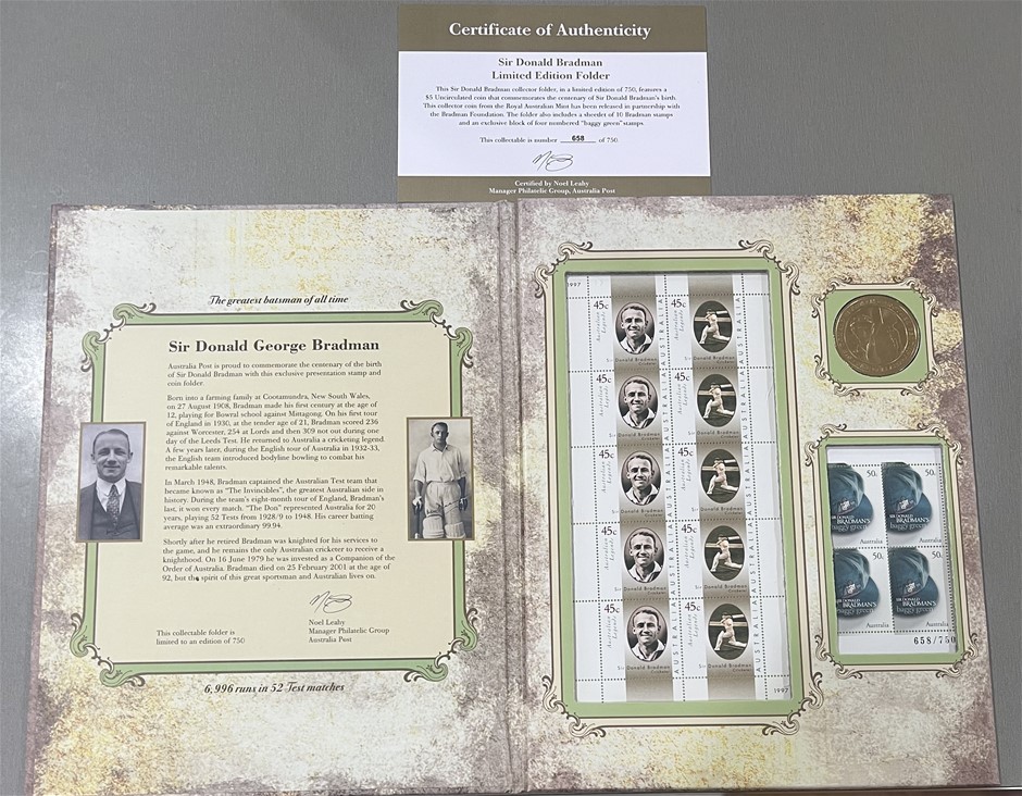 Sir Donald Bradmand Limited Edition Folder Coin, Stamp with folder