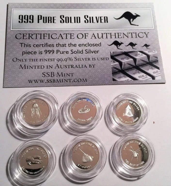 Set of 6 Danger Series 1g 999 Silver Coins with COA