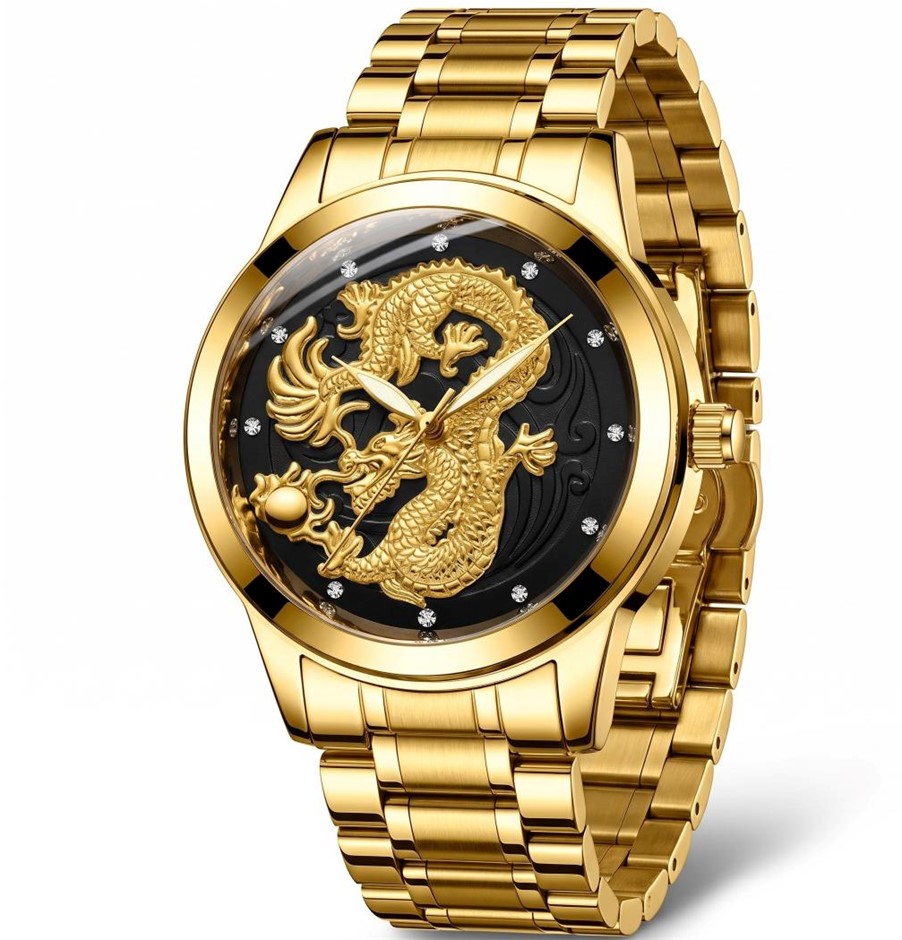 Jewelz Merchants Men’s Luxury Gold Dragon Black Dial Waterproof Watch