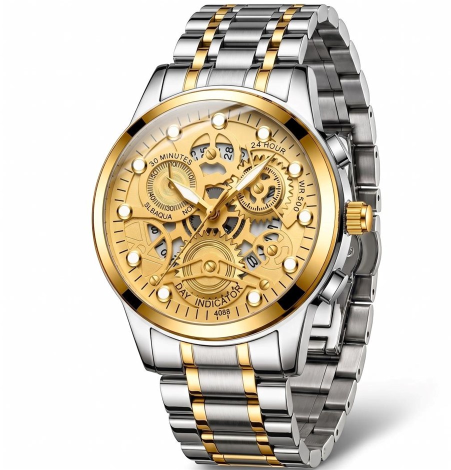 Jewelz Merchants Men’s Two-Tone Gold & Silver Skeleton- Watch