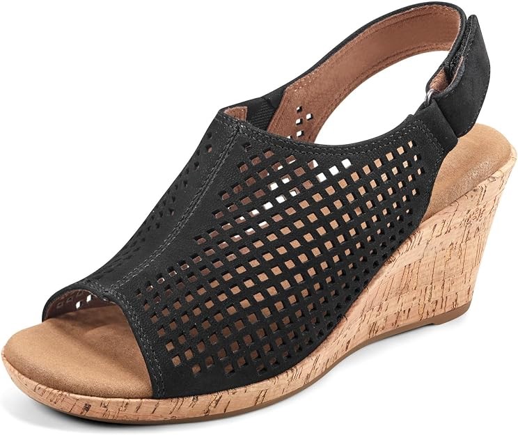 Rockport BRIAH PERF SLING womens Wedge Sandal, Black Nubuck US9