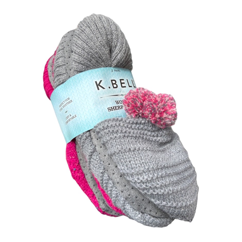 2 Pairs x K.BELL Women's Sherpa Slippers, Shoe Size S/M (5-8.5), Grey Heath