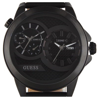 Buy GUESS Dual Time Black Leather Strap Mens Watch Grays Australia