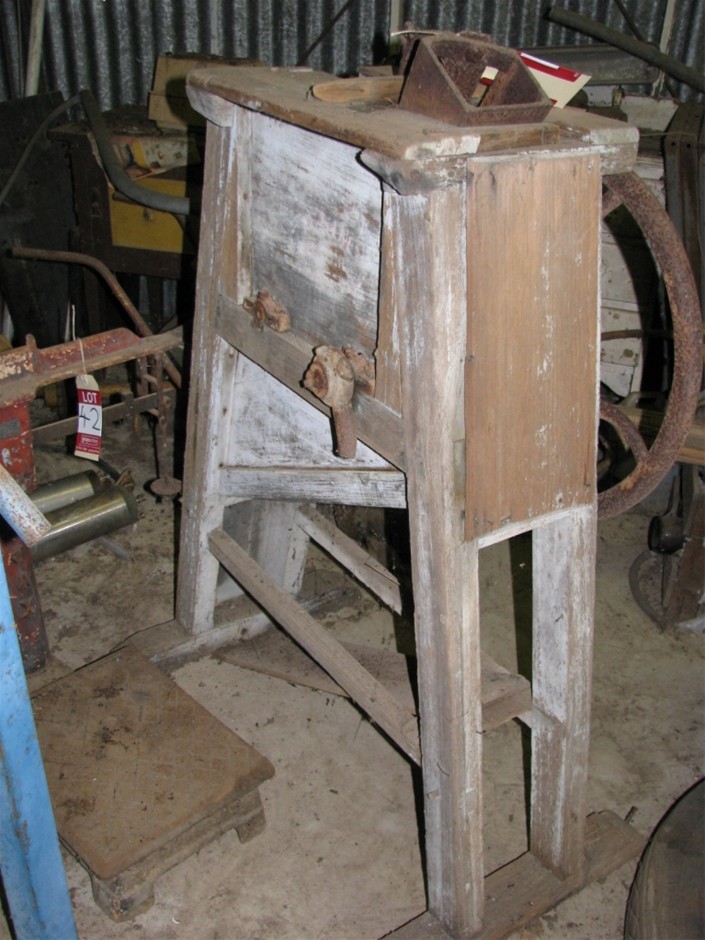 Antique corn cracker machine, timber fabricated manual Crank handle, bottom Auction (0041