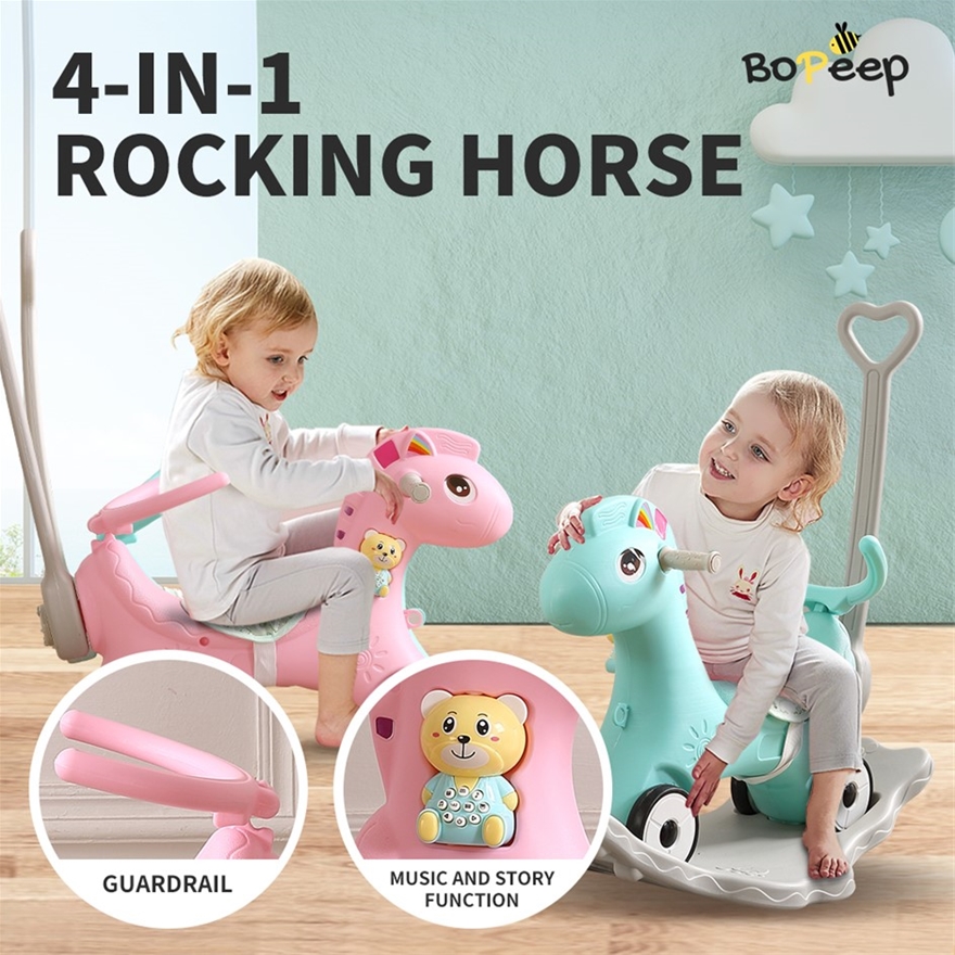 4 in 1 Kids Rocking Horse Slide Set,Toddler Climbing and Animal Rocker with Basketball Hoop and Ferrule,Outdoor Slide and Swing Toys,Birthday Gift 