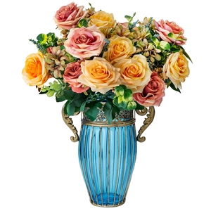 SOGA Blue Glass Flower Vase with 4 Bunch