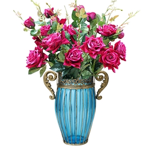 SOGA Blue Glass Flower Vase with 8 Bunch