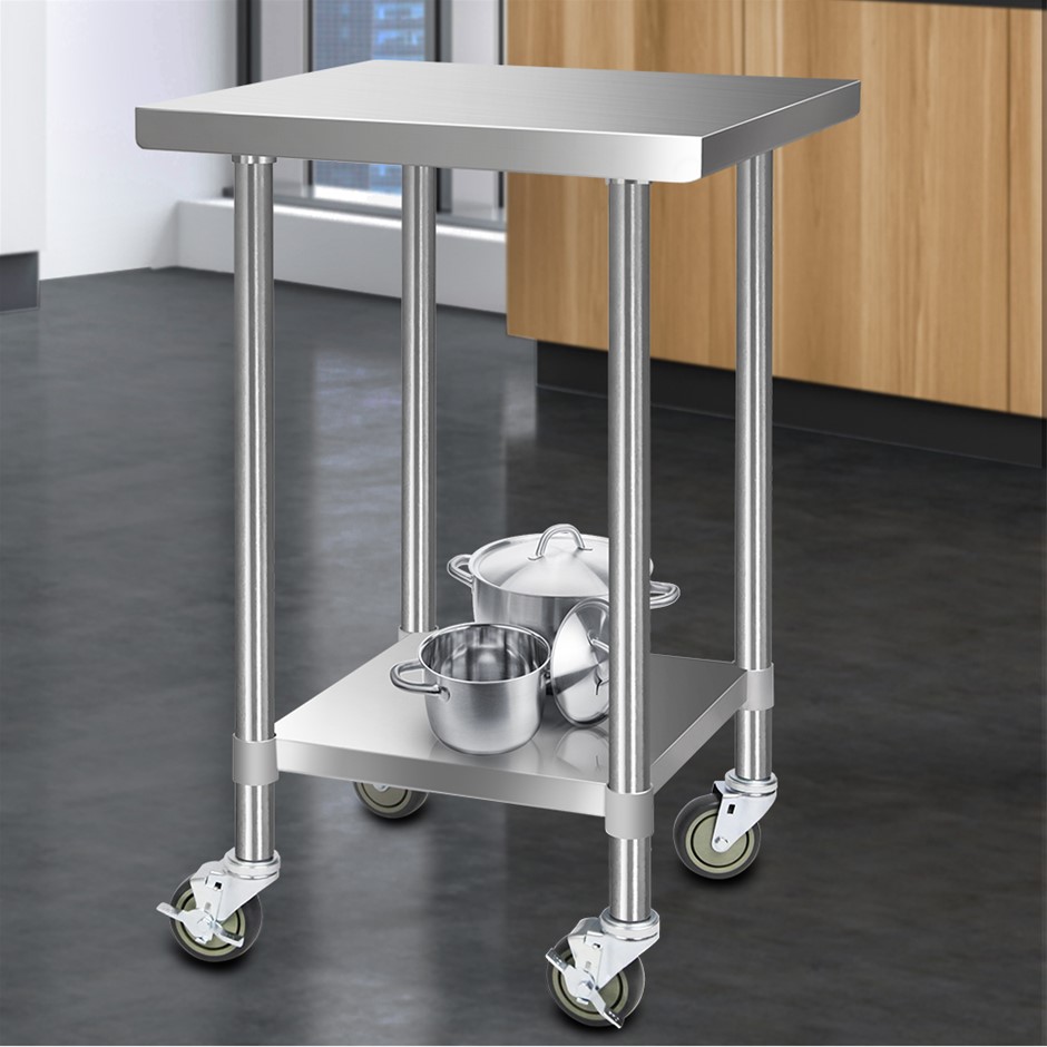 Cefito 610x610mm SS Kitchen bench w/ 4 Wheels 430 Food Grade Prep Table